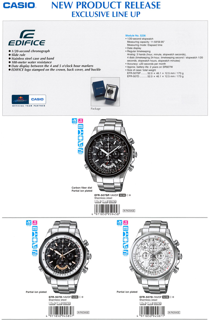 Edifice, chronograph, slide rule,stinless steel case and band, 100-meter water resistance, date display, carbon fiber dial, partial ion-plated, EFR-507SP-1AV, EFR-507D-1AV, EFR-507D-7AV