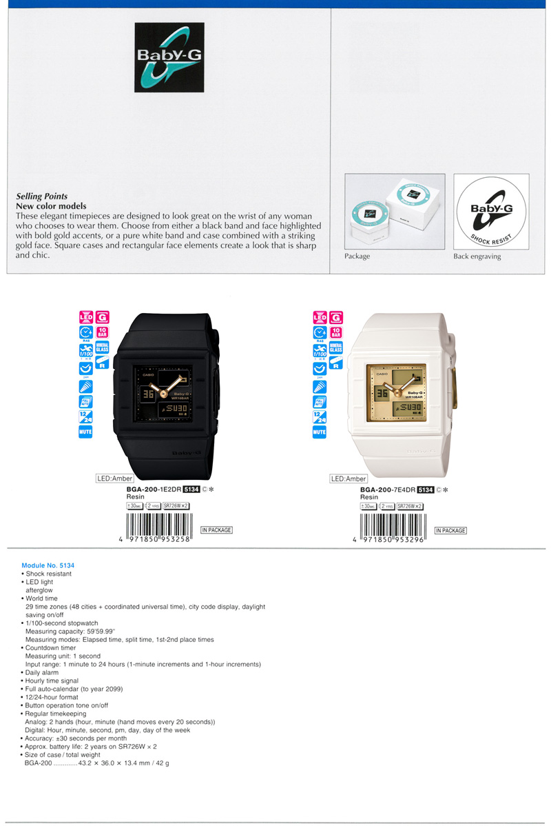 Baby-G, elegant timepieces, bold gold accents, square cases, sharp and chic, BGA-200-1E2, BGA-200-7E4