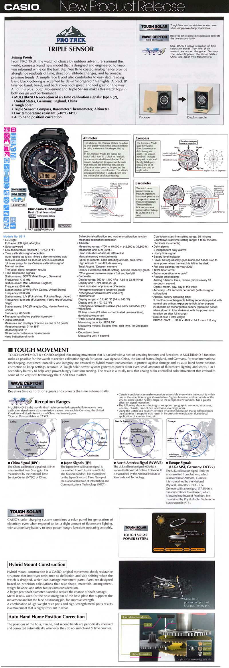 Watch, Protrek, Triple Sensor, Multiband6, Tough Solar, Low temperature resistant, PRW-5100YT-1B