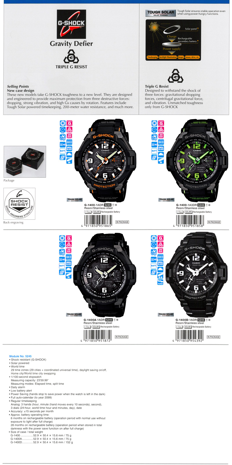 Watch, G-SHOCK, Gravity Defier, Tripble G Resist, TOUGH SOLAR, G-1400-1A, G-1400-1A3, G-1400A-1A, G-1400D-1A