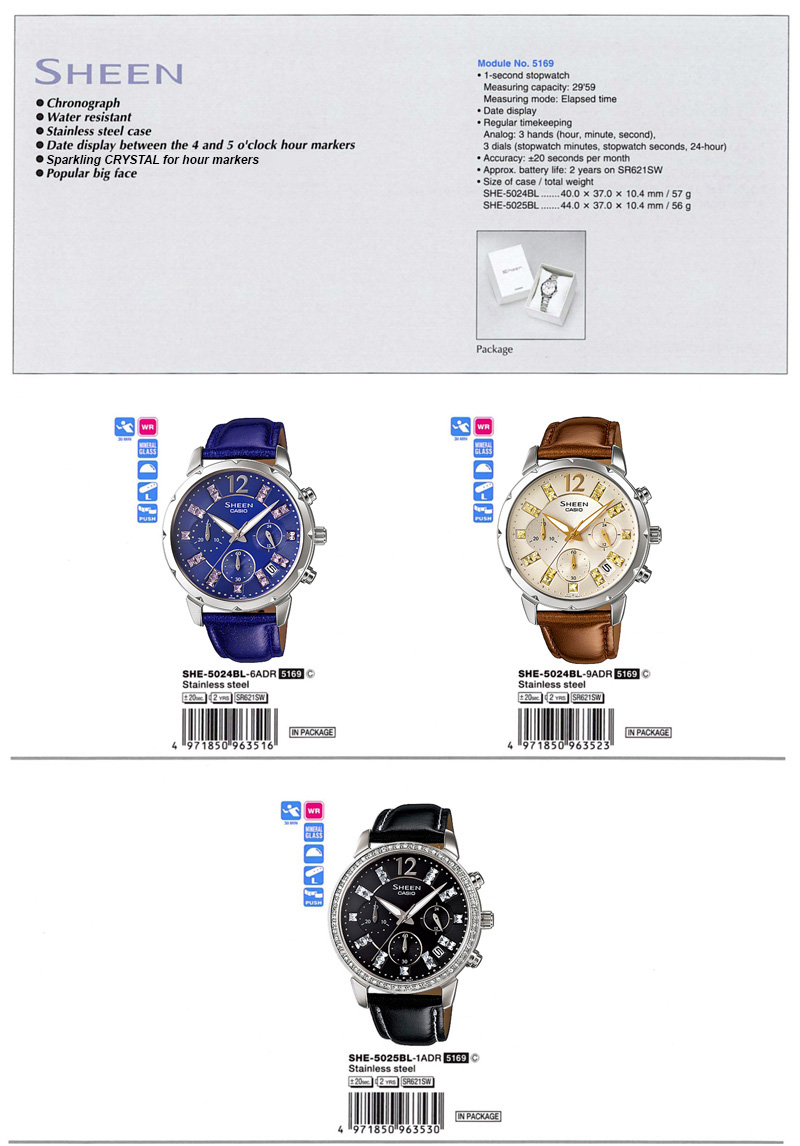 Watch, SHEEN, Chronograph, water resistant, stainless steel case, Date display, SWAROVSKI ELEMENTS, SHE-5024BL-6A, SHE-5024BL-9A, SHE-5025BL-1A