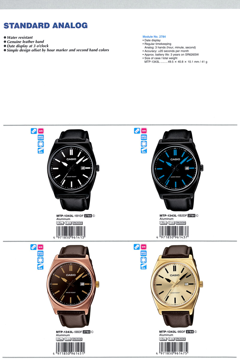 Standard Analog, water resistance, genuine leather band, Date display, simple design, hand colors, MTP-1343L-1B1, MTP-1343L-1B2, MTP-1343L-5B, MTP-1343L-9B