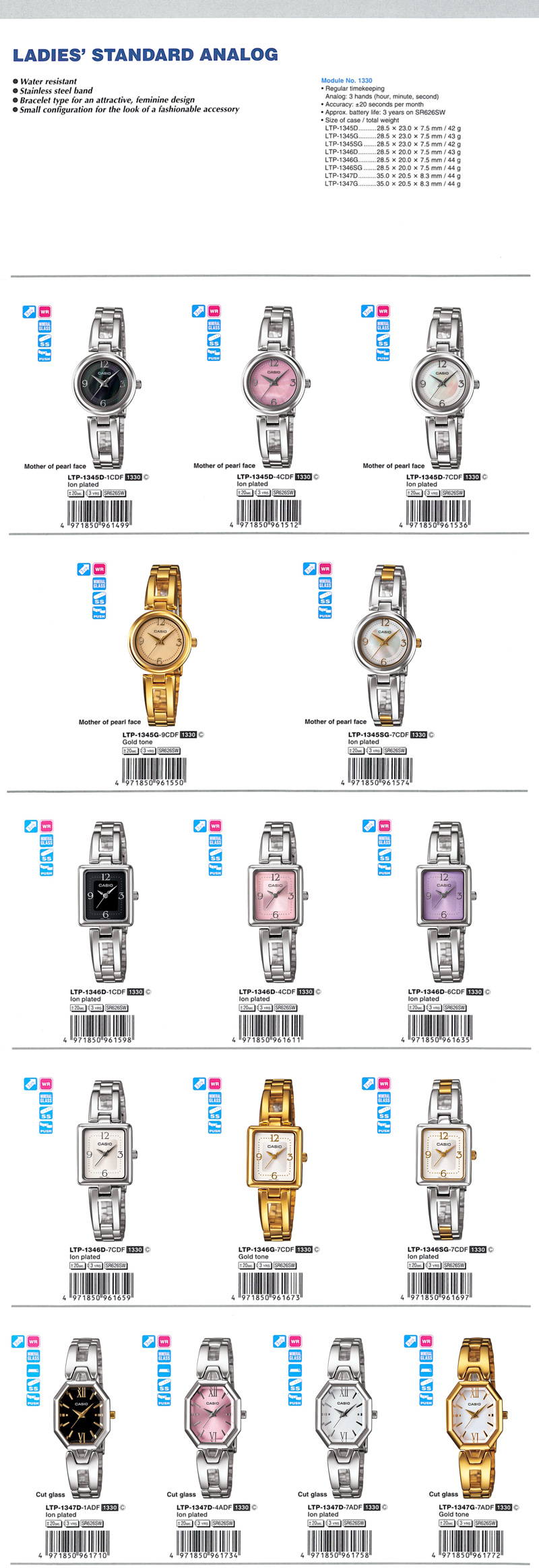 Standard Analog, water resistance, stainless steel band, bracelet type, attractive, fieminine design, fashionable accessory, LTP-1345D-1C, LTP-1345D-4C, LTP-1345D-7C, LTP-1345G-9C, LTP-1345SG-7C, LTP-1346D-1C, LTP-1346D-4C, LTP-1346D-6C, LTP-1346D-7C, LTP-1346G-7C, LTP-1346SG-7C, LTP-1347D-1A, LTP-1347D-4A, LTP-1347D-7A, LTP-1347G-7A