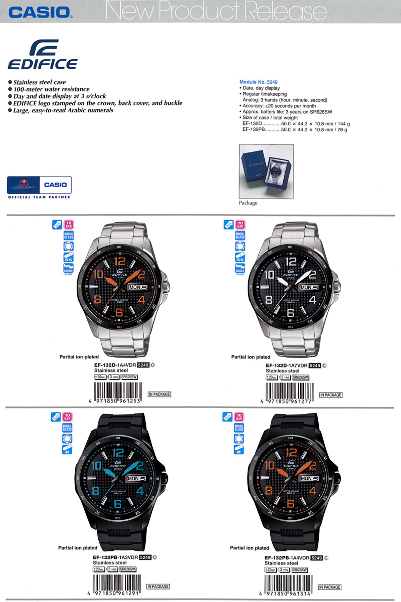 Edifice, stainless steel case, 100-meter water resistance, redbull racing, partial ion plated, EF-132D-1A4V, EF-132D-1A7V, EF-132PB-1A2V, EF-132PB-1A4V