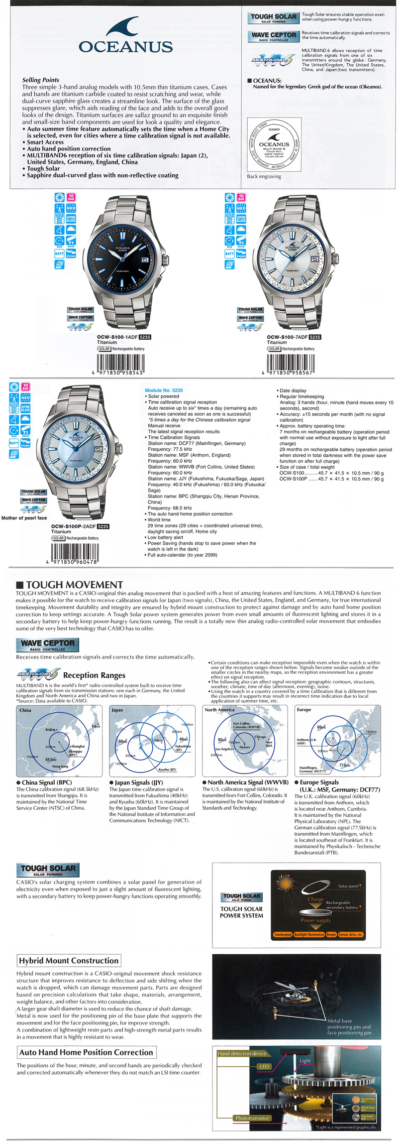 Oceanus, Tough Solar, Radio-Controlled, wave ceptor, Multiband6, Sapphire dual-curved glass, Smart Access, OCW-S100-1A, OCW-S100-7A, OCW-S100P-2A
