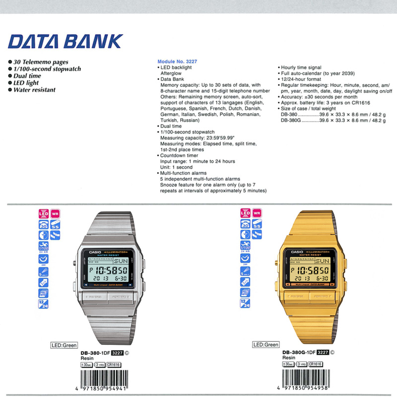 Data Bank, 30 telememo pages, dual time, Led light, water resistant, DB-380-1, DB-380G-1