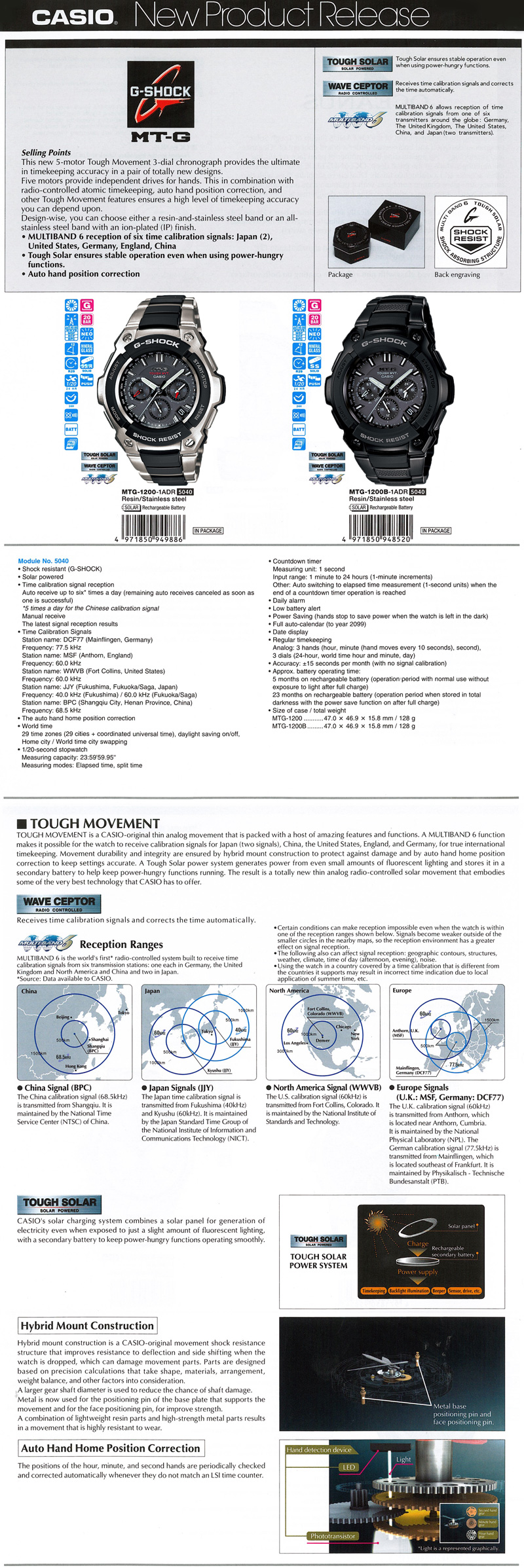 G-Shock, MT-G, 5-motor, Tough Movement, MULTIBAND6, Tough Solar, Auto hand position crrection, MTG-1200-1A, MTG-1200B-1A