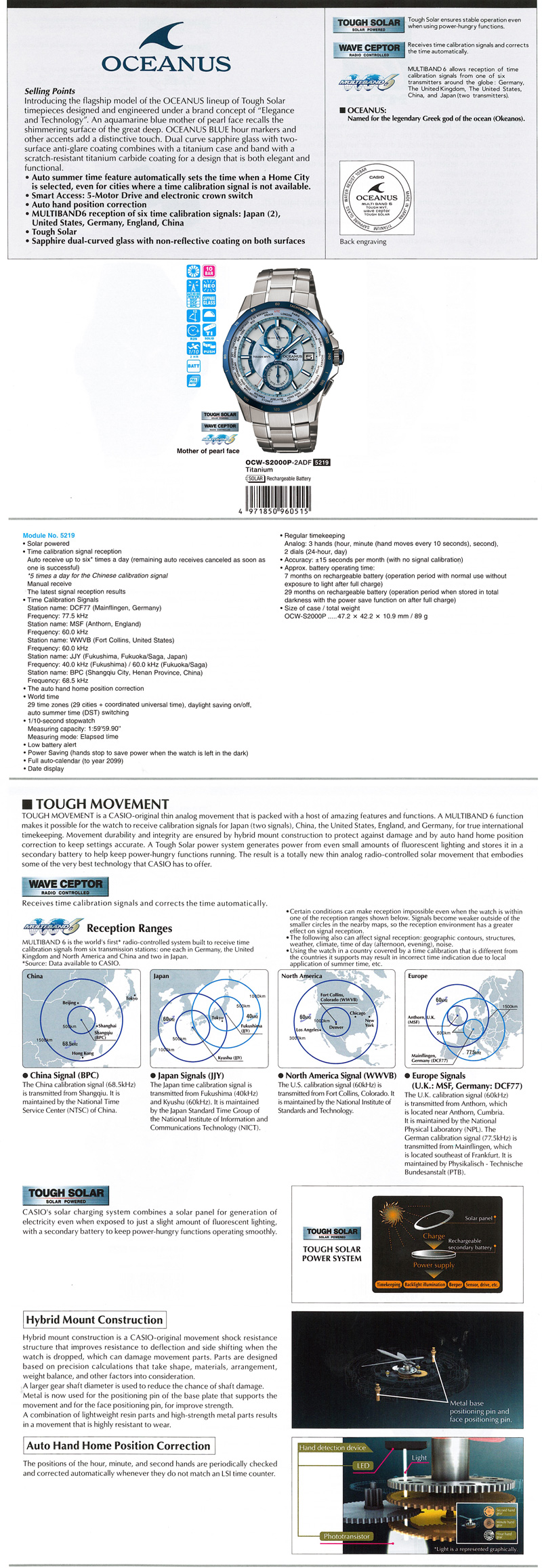 Oceanus, Auto summer time, Smart Access, Auto hand position correction, Multiband6, Tough Solar, Sapphire dual-curved glass, OCW-S2000P-2A