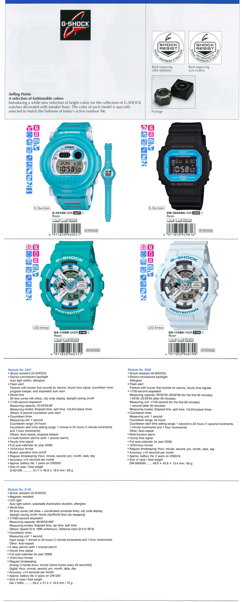 G-Shock, fashionable colors, sneaker hues, G-001SN-2, DW-5600SN-1, GA-110SN-3A, GA-110SN-7A