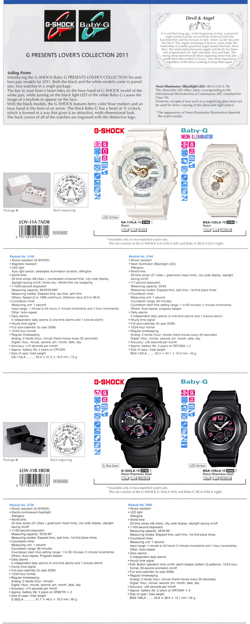 G-Shock, Baby-G, G Presents Lover's Collection 2011, Neon illuminator, Devil and Angel, LOV-11A-7ADR, LOV-11B-1BDR, GA-110LA-7A, BGA-132LA-7B, G-302LA-1B, BGA-106LA-1B