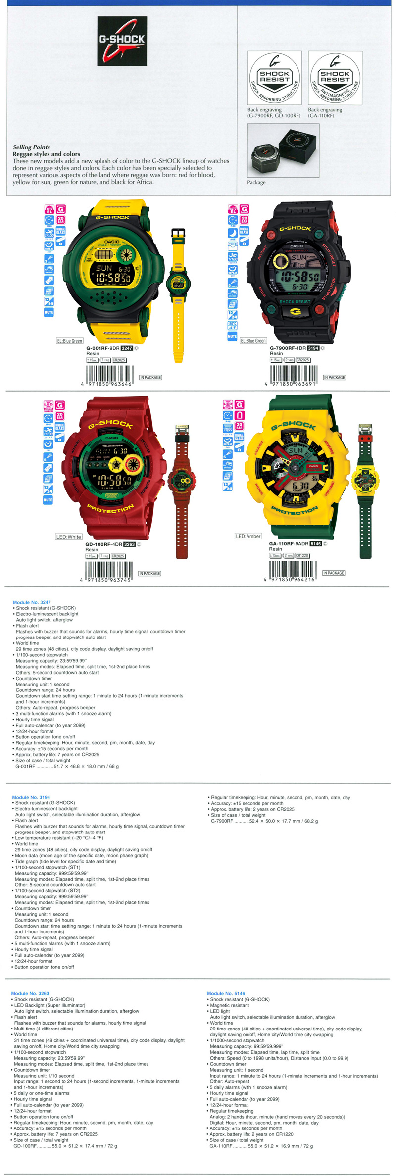 G-Shock, Reggae styles and color, G-001RF-9, G-7900RF-1, GD-100RF-4, GA-110RF-9A