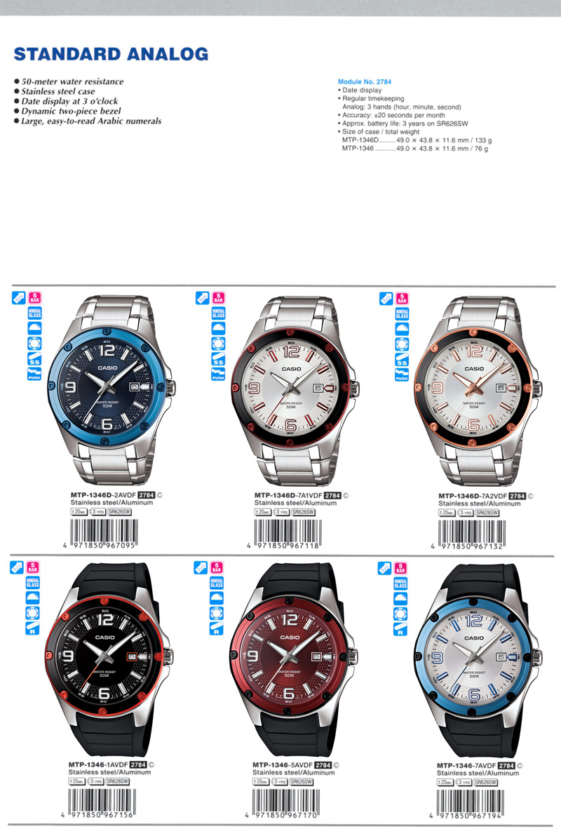Standard Analog, 50-meter water resistance, dynamic two-piece bezel, large, easy-to-read Arabic numeral, MTP-1346D-2AV, MTP-1346D-7A1V, MTP-1346D-7A2V, MTP-1346-1AV, MTP-1346-5AV, MTP-1346-7AV