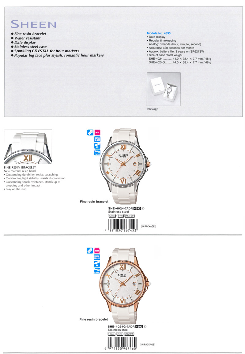 Sheen, Fine resin bracelet, water resistnt, date display, stainless steel case, SWAROVSKI ELEMENTS, bigh face plus stylish, romantic hour markers, SHE-4024-7A, SHE-4024G-7A