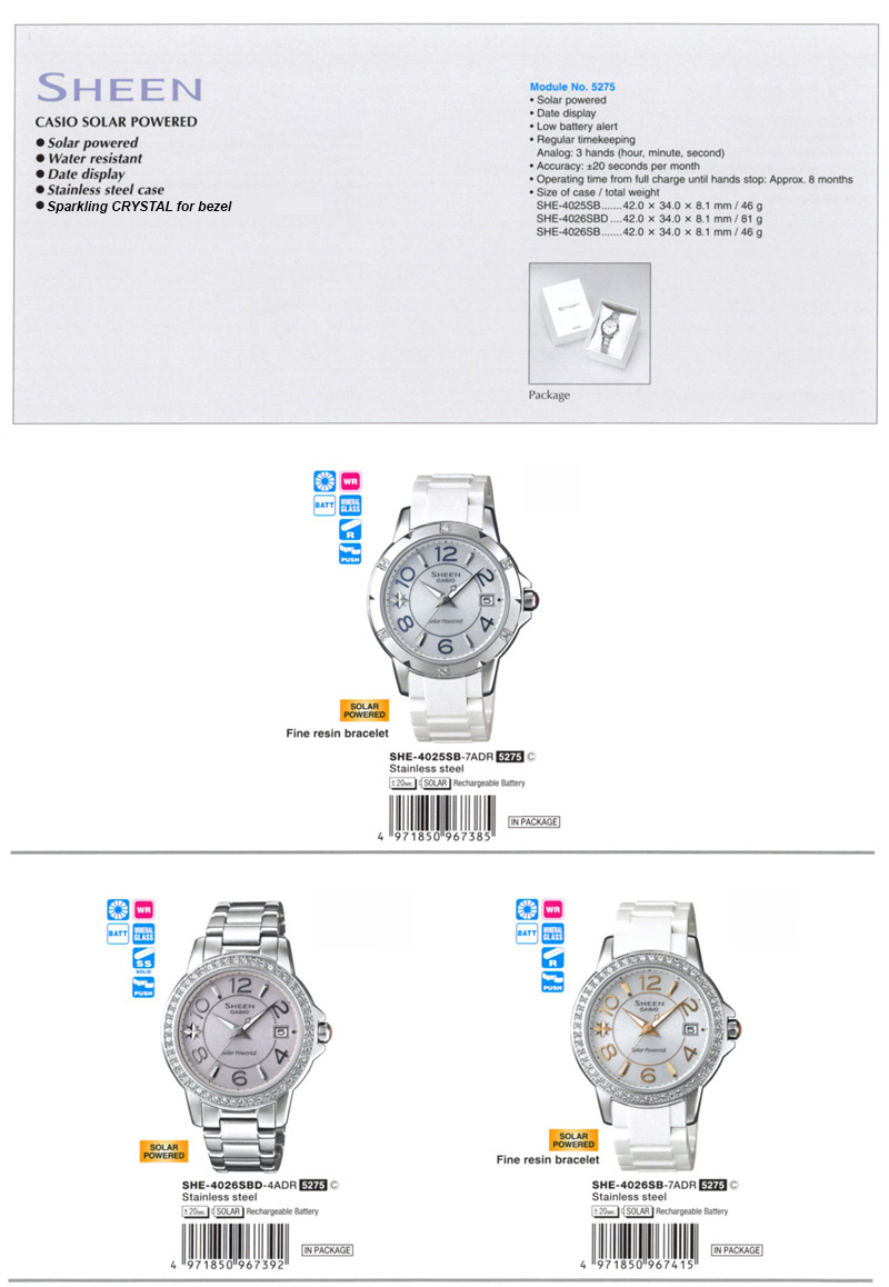 Sheen, solar powered, water resistant, date display, SWAROVSKI ELEMENTS, fine resin bracelet, SHE-4025SB-7A, SHE-4026SBD-4A, SHE-4026SB-7A