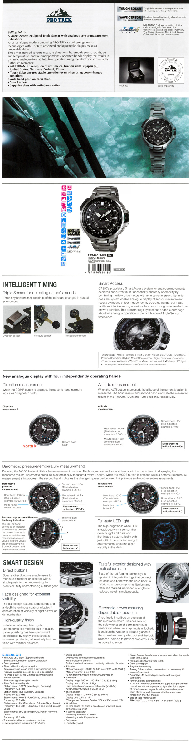 Protrek, smart access, triple sensor, wave ceptor, tough solar, multiband6, auto hand position correction, sapphire glass with anti-glare coating, PRX-7001T-7