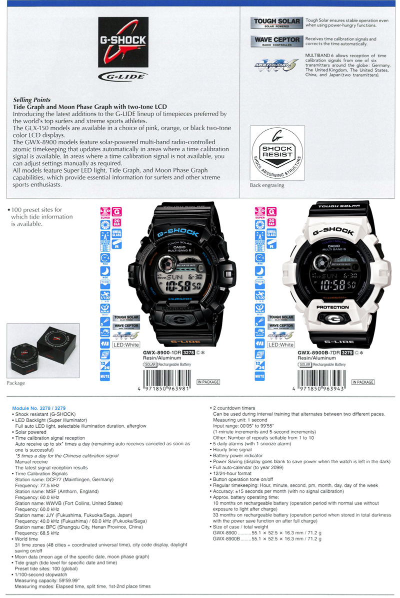 G-Shock, G-Lide, Tide Graph, Moon Phase, Tough Solar, Wave Ceptor, Multiband6, GWX-8900-1, GWX-8900B-7