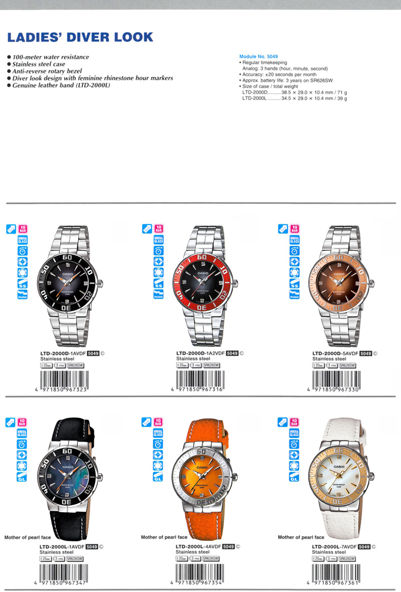 Standard Analog, Ladies' Diver look, 100-meter, water resistance, anti-reverse rotary bezel, feminine rhinestone, LTD-2000D-1AV, LTD-2000D-1A2V, LTD-2000D-5AV, LTD-2000L-1AV, LTD-2000L-4AV, LTD-2000L-7AV
