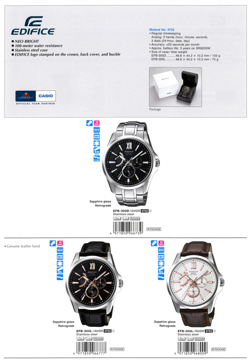 Edifice, NEO Bright, Sapphire glass, Retrograde, Reb Bull, EFB-300D-1AV, EFB-300L-1AV, EFB-300L-7AV