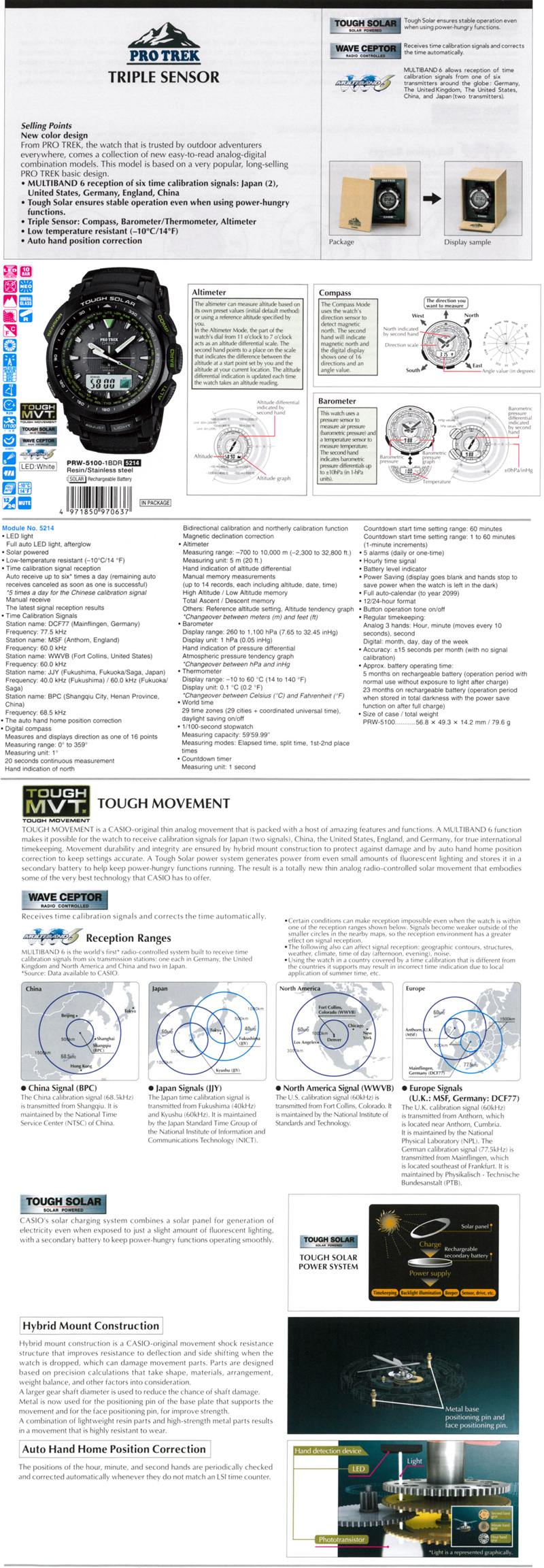 Protrek, Triple Sensor, Multiband 6, Tough Solar, Low temperature resistant, auto hand position correction, PRW-5100-1B