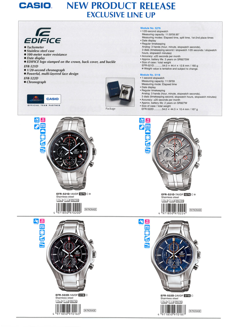 Edifice, Tachymeter, 100-meter water resistance, Chronograph, multi-layered face, EFR-521D-1AV, EFR-521D-7AV, EFR-522D-1AV, EFR-522D-2AV