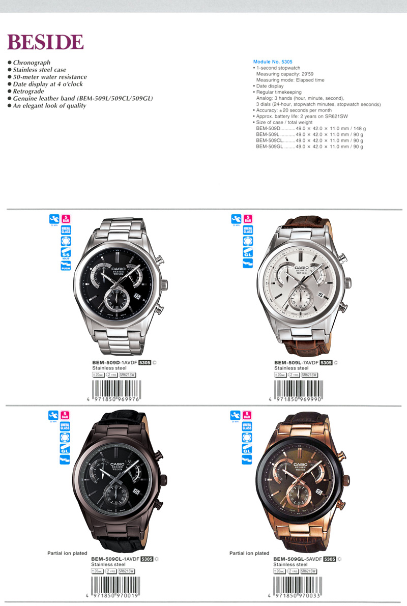 Beside, Chronograph, water resistance, Retrograde, elegant look, BEM-509D-1AV, BEM-509L-7AV, BEM-509CL-1AV, BEM-509GL-5AV