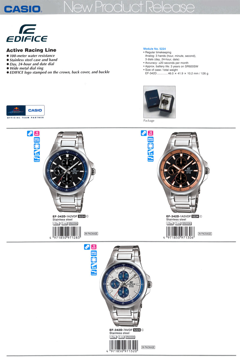 Edifice, Active Racing Line, water resistance, wide metal dial ring, EF-342D-1A2V, EF-342D-1V5V, EF-342D-7AV