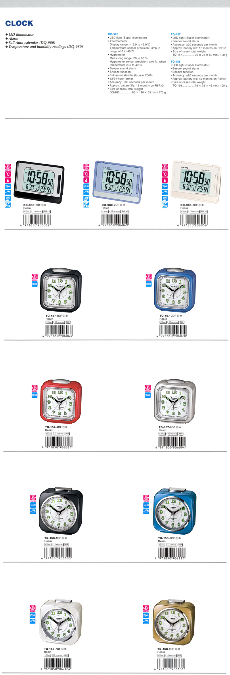 Clock, LED, ALarm, DQ-980-1, DQ-980-2, DQ-980-7, TQ-157-1, TQ-157-2, TQ-157-4, TQ-157-8, TQ-158-1, TQ-158-2, TQ-158-7, TQ-158-9