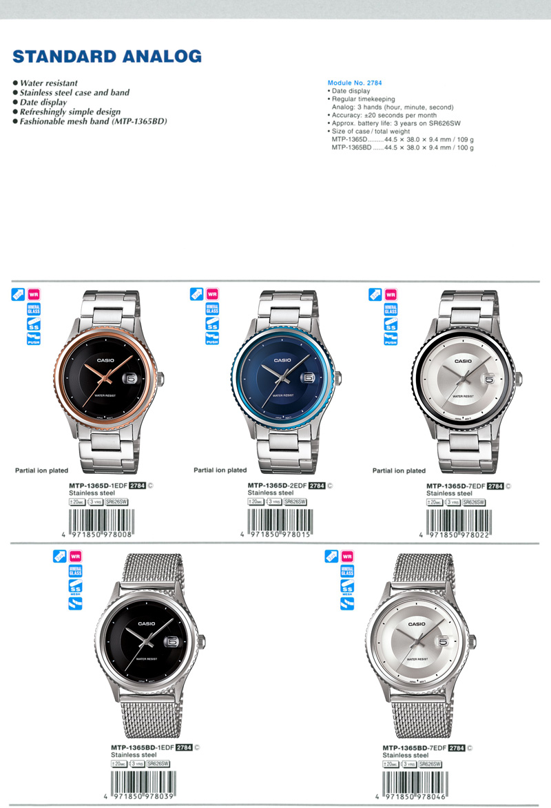 Standard Analog, Water resistant, stainless steel, refreshingly simple design, fashionable mesh band, MTP-1365D-1E, MTP-1365D-2E, MTP-1365D-7E, MTP-1365BD-1E, MTP-1365BD-7E