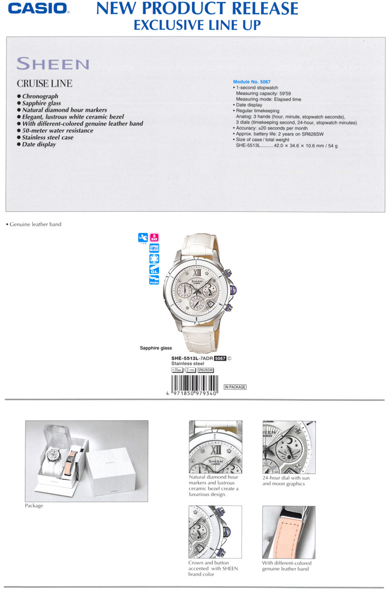 Sheen, CRUISE LINE, Chronograph, Sapphire glass, Natural diamond hour markers, elegant, Lustrous white ceramic bezel, genuine leather band, SHE-5513L-7A