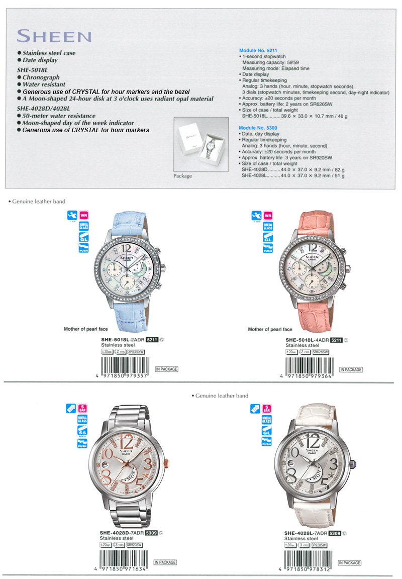 Sheen, chronograph, water resistance, moon-shaped, SWAROVSKI ELEMENTS, SHE-5018L-2A, SHE-5018L-4A, SHE-4028D-7A, SHE-4028L-7A