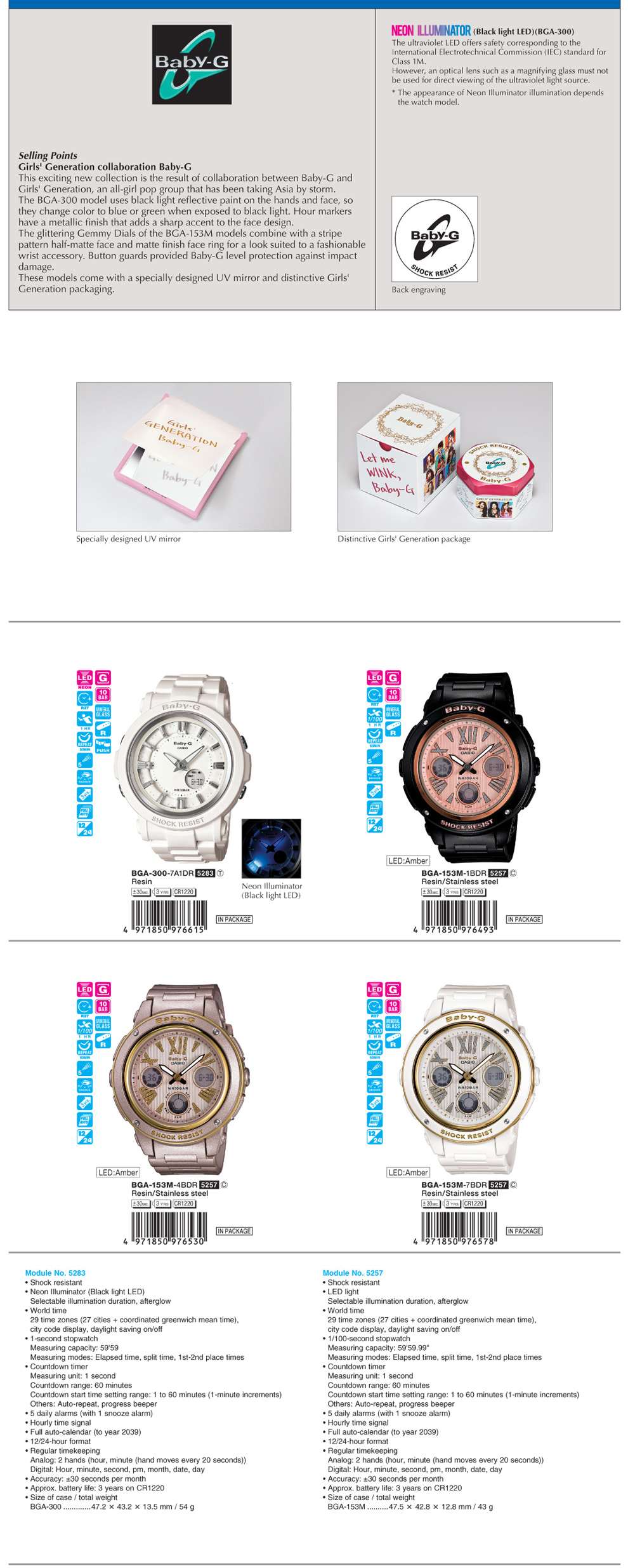 Baby-G, Girls' Generation Collaboration, NEON ILLUMINATOR, UV mirror, distinctive Girls' Generation packaging, Gemmy Dials, BGA-300-7A1, BGA-153M-1B, BGA-153M-4B, BGA-153M-7B