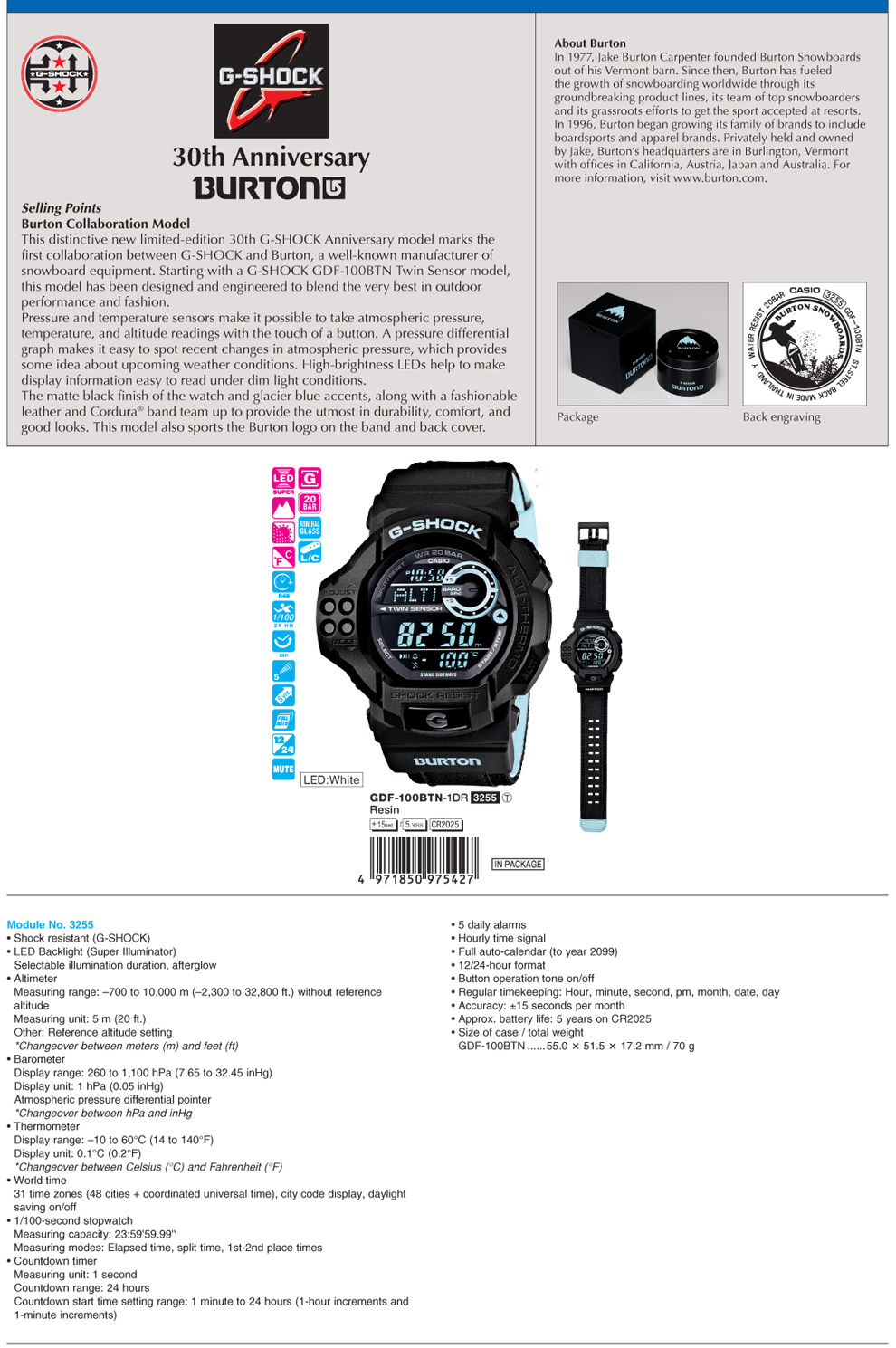 G-Shock, BURTON COLLABORATION, 30th Anniversary, TWin Sensor, high-brighness LED, Cordura band, GDF-100BTN-1