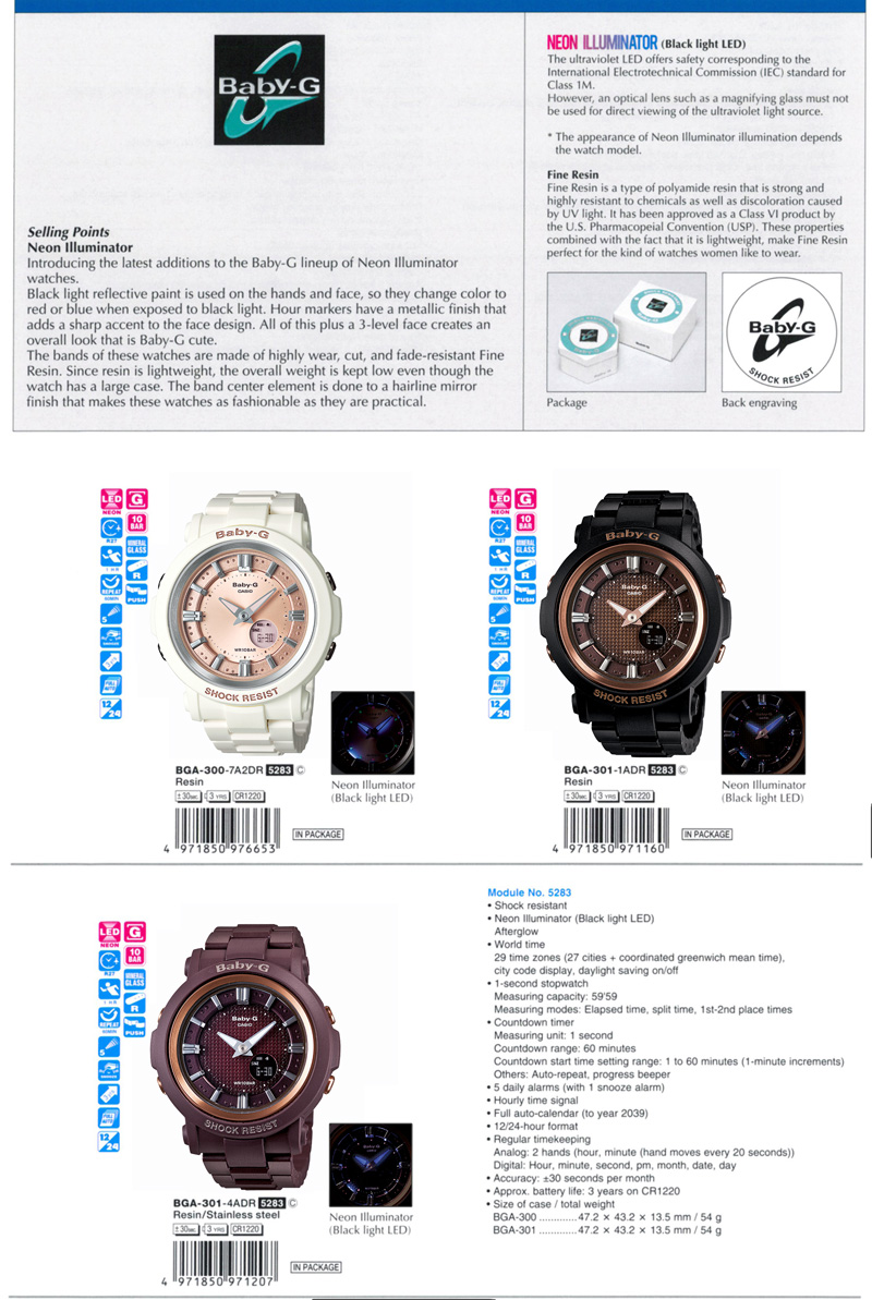 Baby-G, Neon Illuninator, cute, hairline mirror finish, fashionable, practical, Fine Resin, BGA-300-7A2, BGA-301-1A, BGA-301-4A