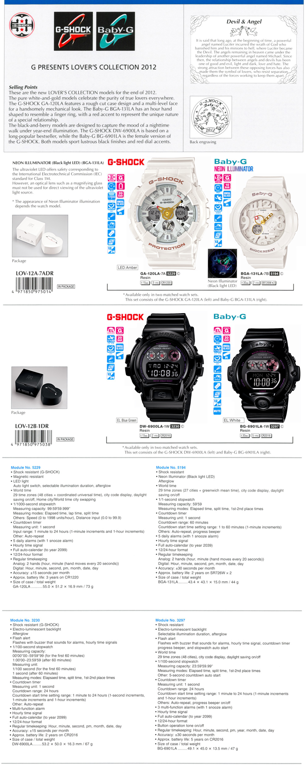 G-Shock, Baby-G, G PRESENTS LOVER'S COLLECTION 2012, LOV-12A-7A, GA-120LA-7A, BGA-131LA-7B, LOV-12B-1, DW-6900LA-1W, BG-6901LA-1W