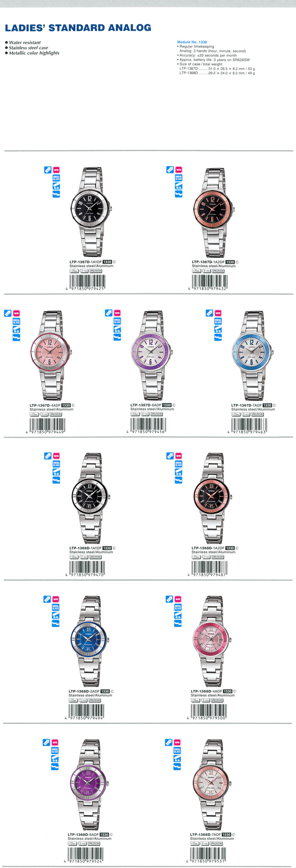 LADIES' Standard Analog, water resistance, Stainless steel case, Metallic color highlights, Mother of Pearl face, LTP-1367D-1A1, LTP-1367D-1A2, LTP-1367D-4A, LTP-1367D-6A, LTP-1367D-7A, LTP-1368D-1A1, LTP-1368D-1A2, LTP-1368D-2A, LTP-1368D-4A, LTP-1368D-6A, LTP-1368D-7A