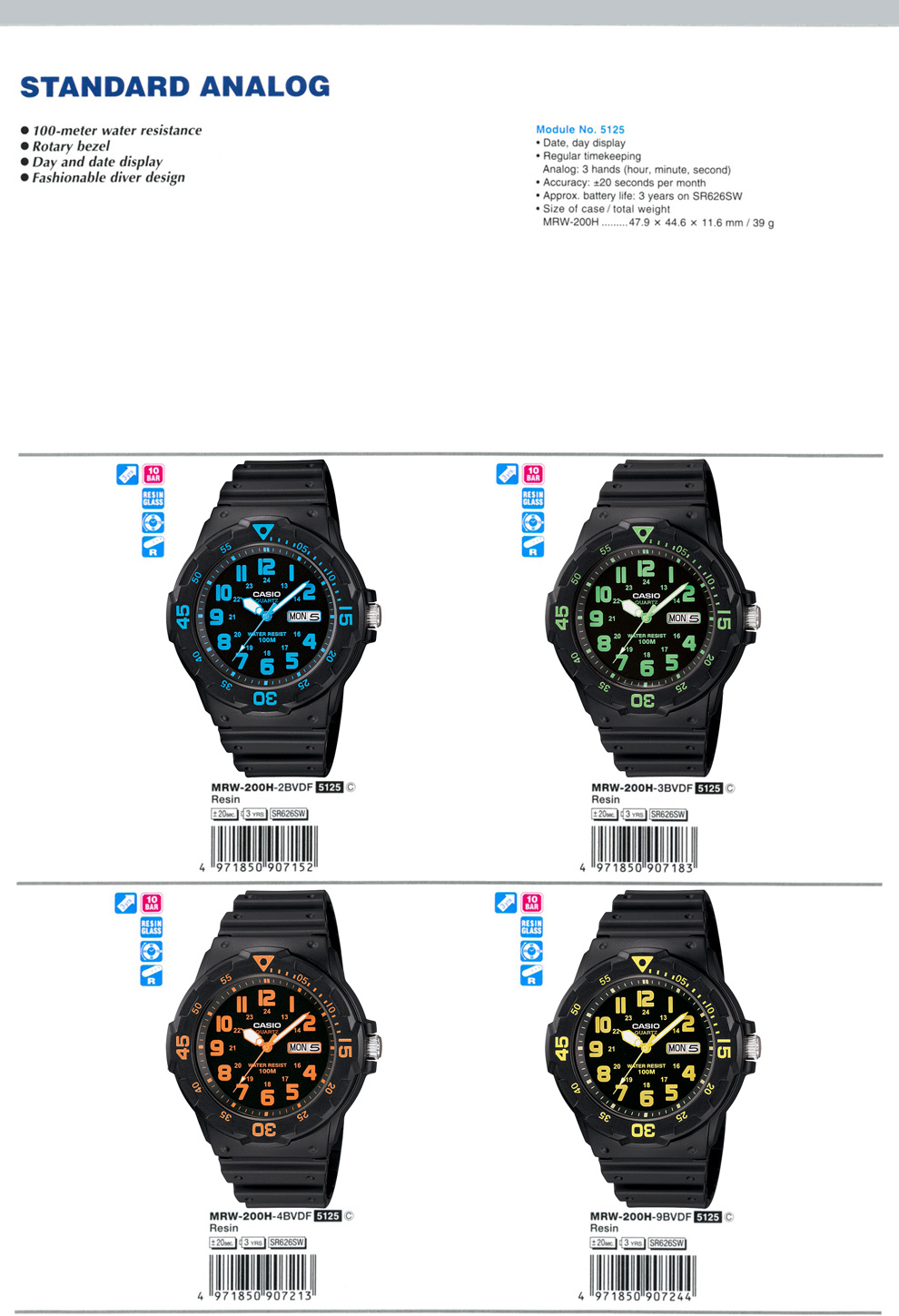 Standard Analog, 100-meter water resistance, Rotary bezel, Day and date display, fashionable diver design, MRW-200H-2BV, MRW-200H-3BV, MRW-200H-4BV, MRW-200H-9BV