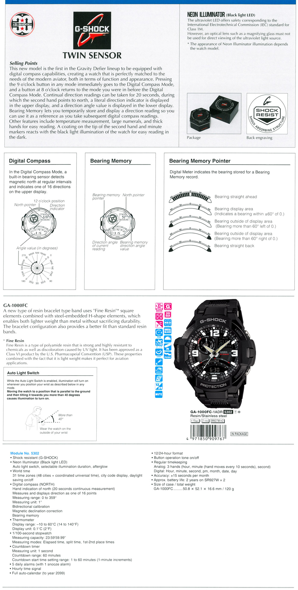 Watch, G-Shock, Twin Sensor, Digital Compass, Bearing memory, Thermometer,  Neon Illuminator, GA-1000FC-1A