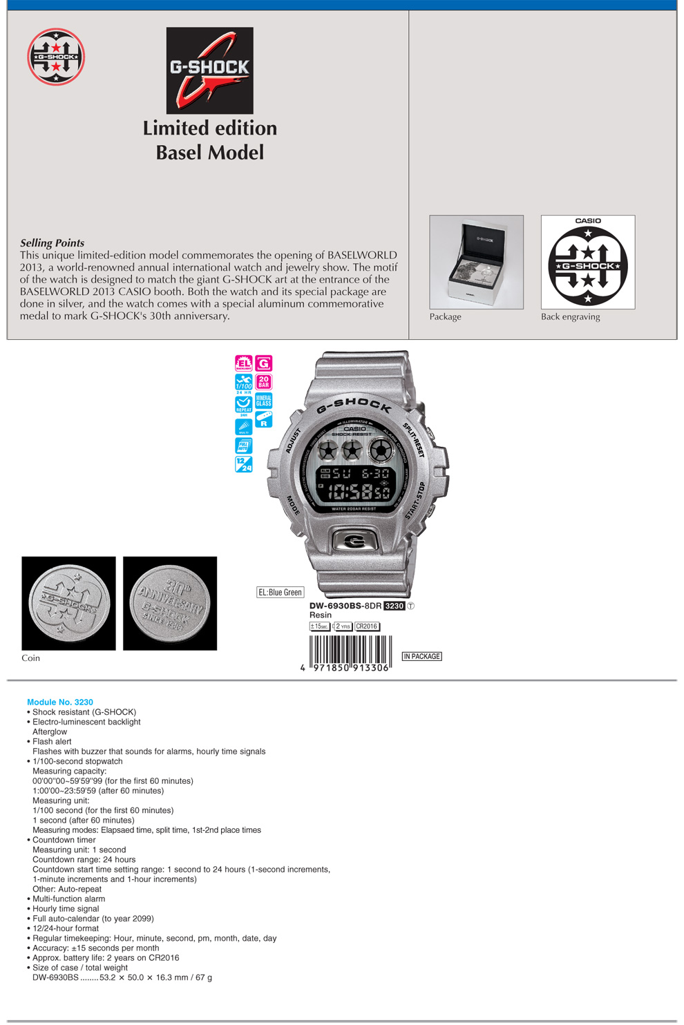 Watch, G-Shock, 30th Anniversary, Limited edition, Basel Model, commemorates, BASELWORLD 2013, DW-6930BS-8