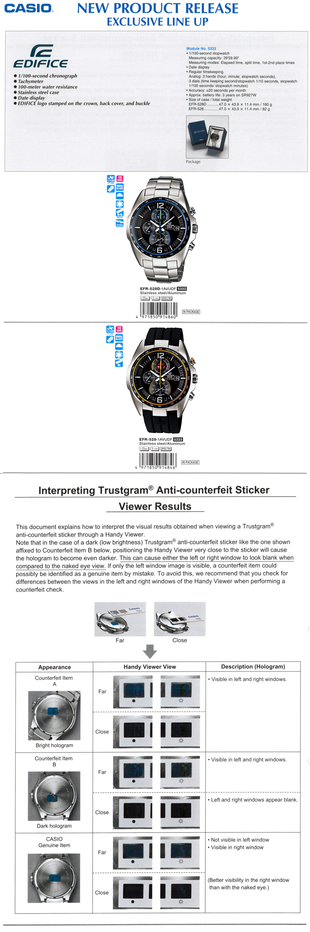 Edifice, Tachymeter, 100-meter water resistance, date display, EFR-528D-1AVU, EFR-528-1AVU