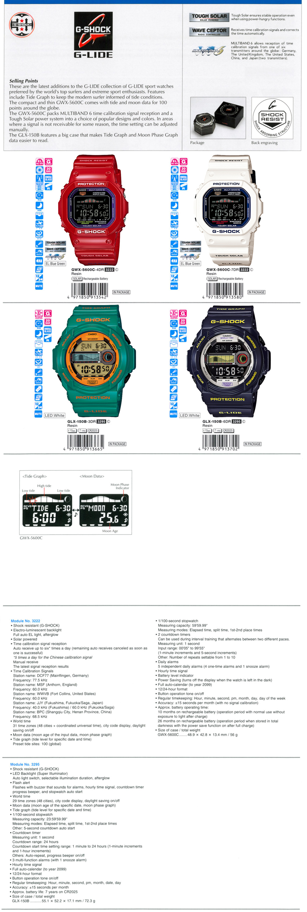 G-Shock, G-LIDE, Tough Solar, Wave Ceptor, Multiband 6, Tide Graph, Moon Phase, GWX-5600C-4, GWX-5600C-7, GLX-150B-3, GLX-150B-6