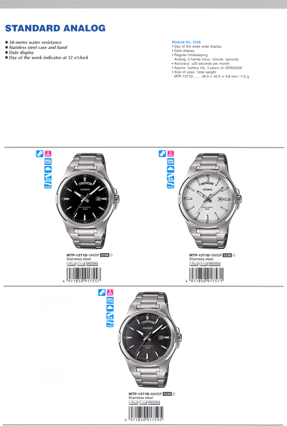 Standard Analog, 50-meter Water Resistance, Stainless steel case and band, MTP-1371D-1AV, MTP-1371D-7AV,, MTP-1371D-8AV