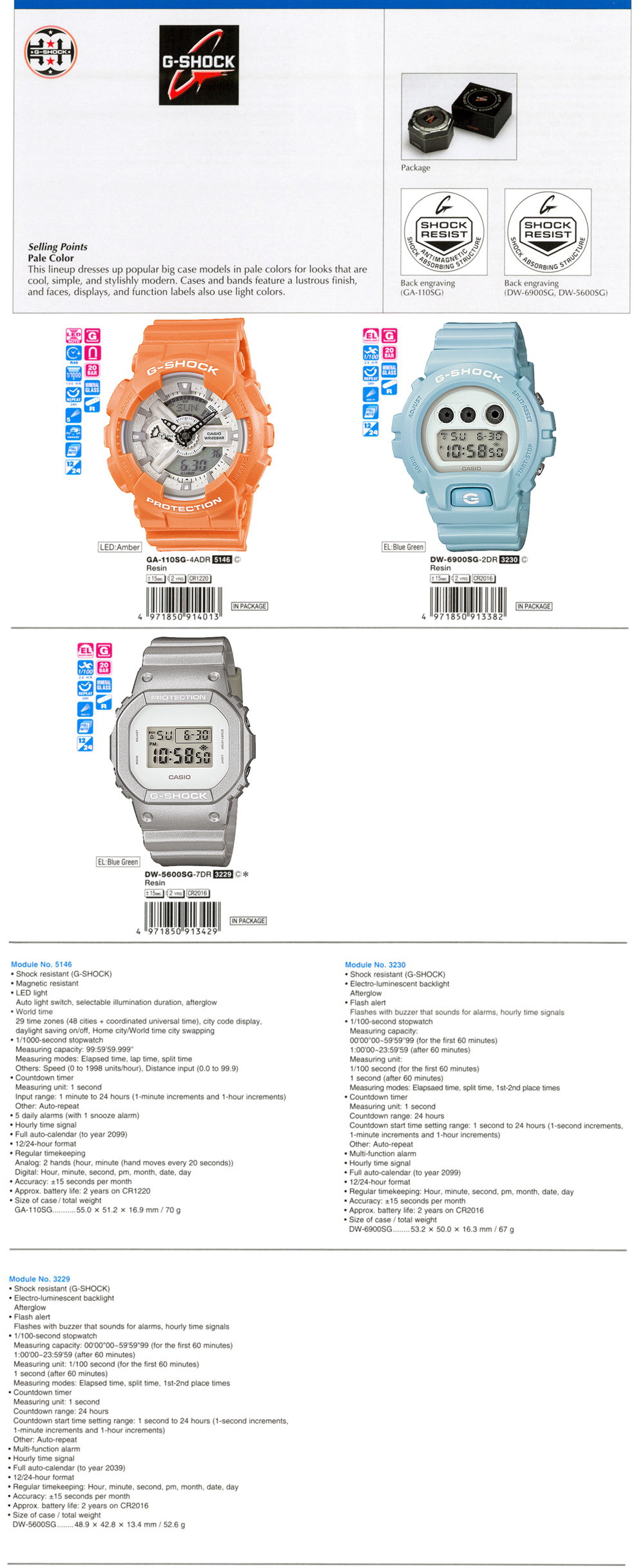 G-Shock, Pale Color, stylishly modern, lustrous finish, Anti-magnetic, GA-110SG-4A, DW-6900SG-2, DW-5600SG-7