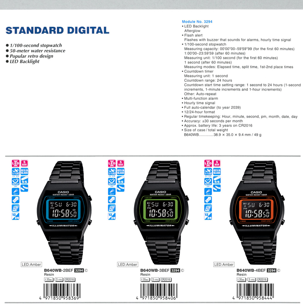 Standard Digital, 50-meter water resistance, Retro design, LED backlight, B640WB-2B, B640WB-3B, B640WB-4B