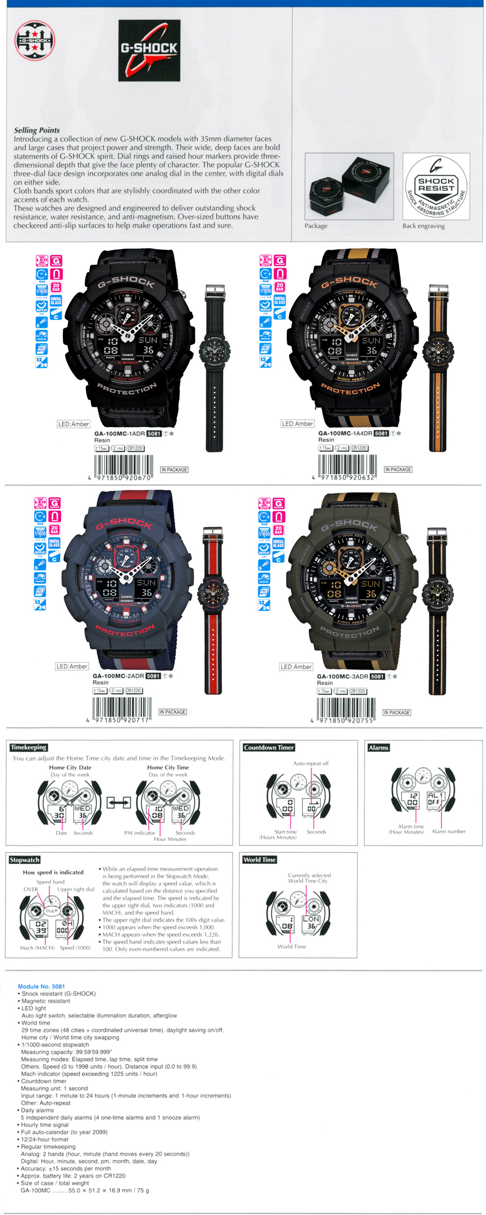 G-Shock, cloth band, anti-magnetism, anti-slip surface, GA-100MC-1A, GA-100MC-1A4, GA-100MC-2A, GA-100MC-3A