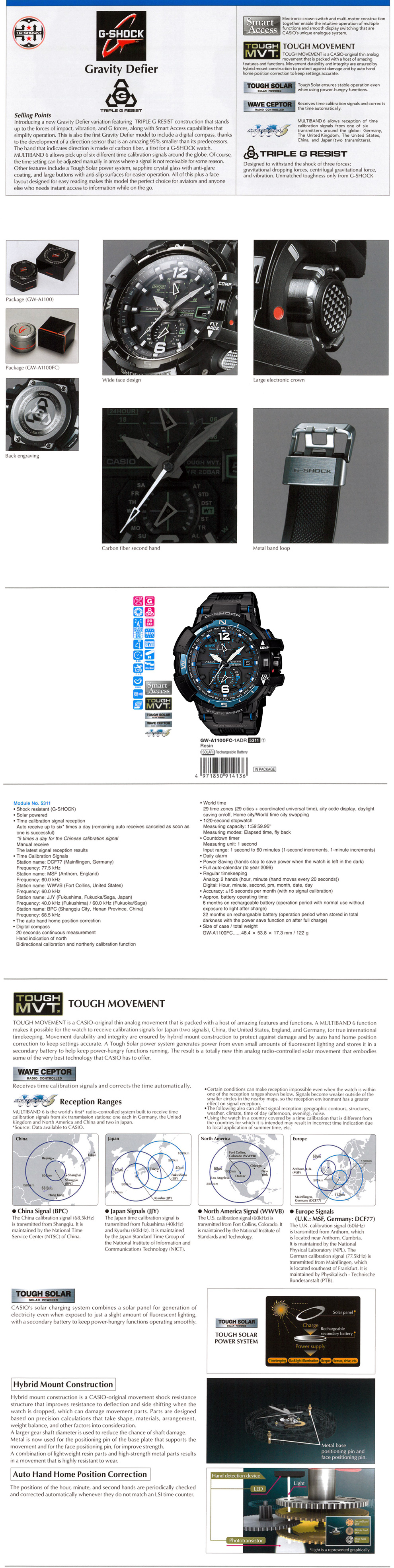 G-Shock, Gravity Defier, Triple G Resist,  smart Access, tough solar, Wave Ceptor, GW-A1100FC-1A