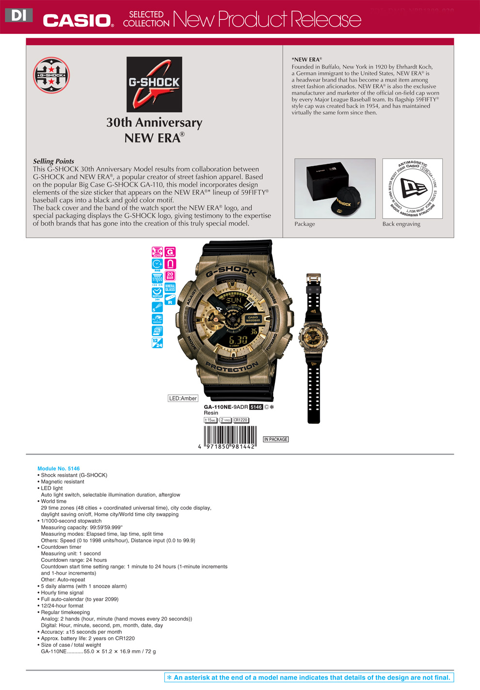 G-Shock, 30th Anniversary, NEW ERA, CAP, GA-110NE-9A