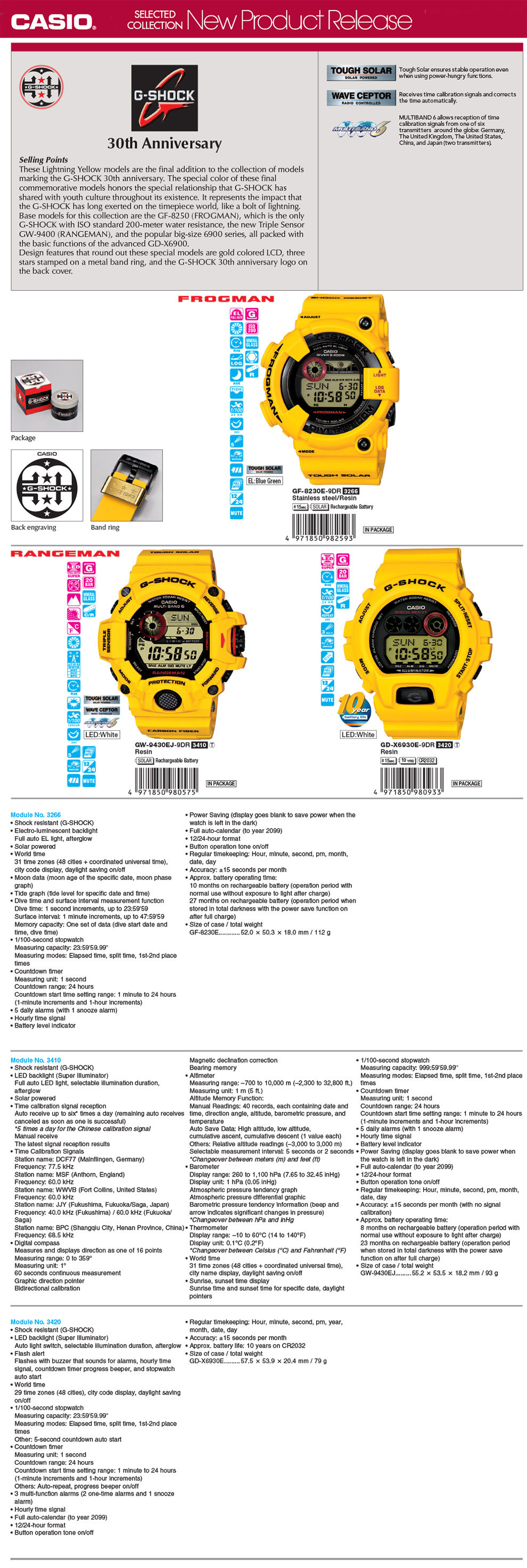 G-Shock, 30th Anniversary, lightning Yellow, FROGMAN, Rangeman, GF-8230E-9, GW-9430EJ-9, GD-X6930E-9