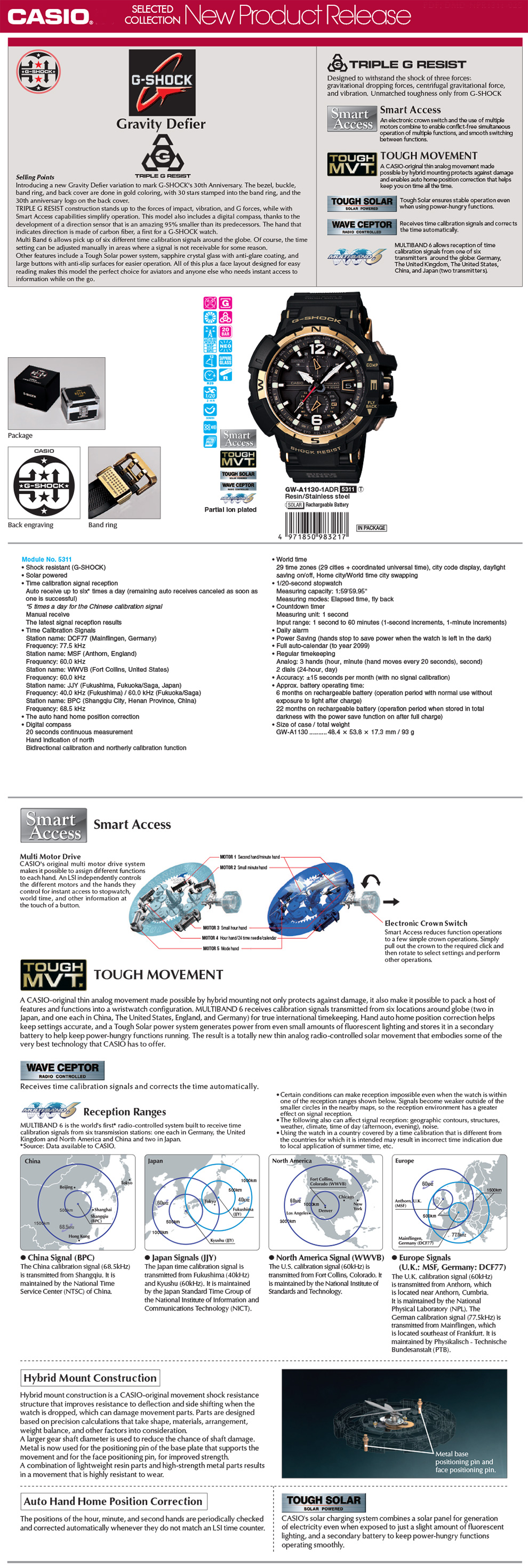G-Shock, 30th Anniversary, Gravity Defier, Smart Access, Multiband6, GW-A1130-1A