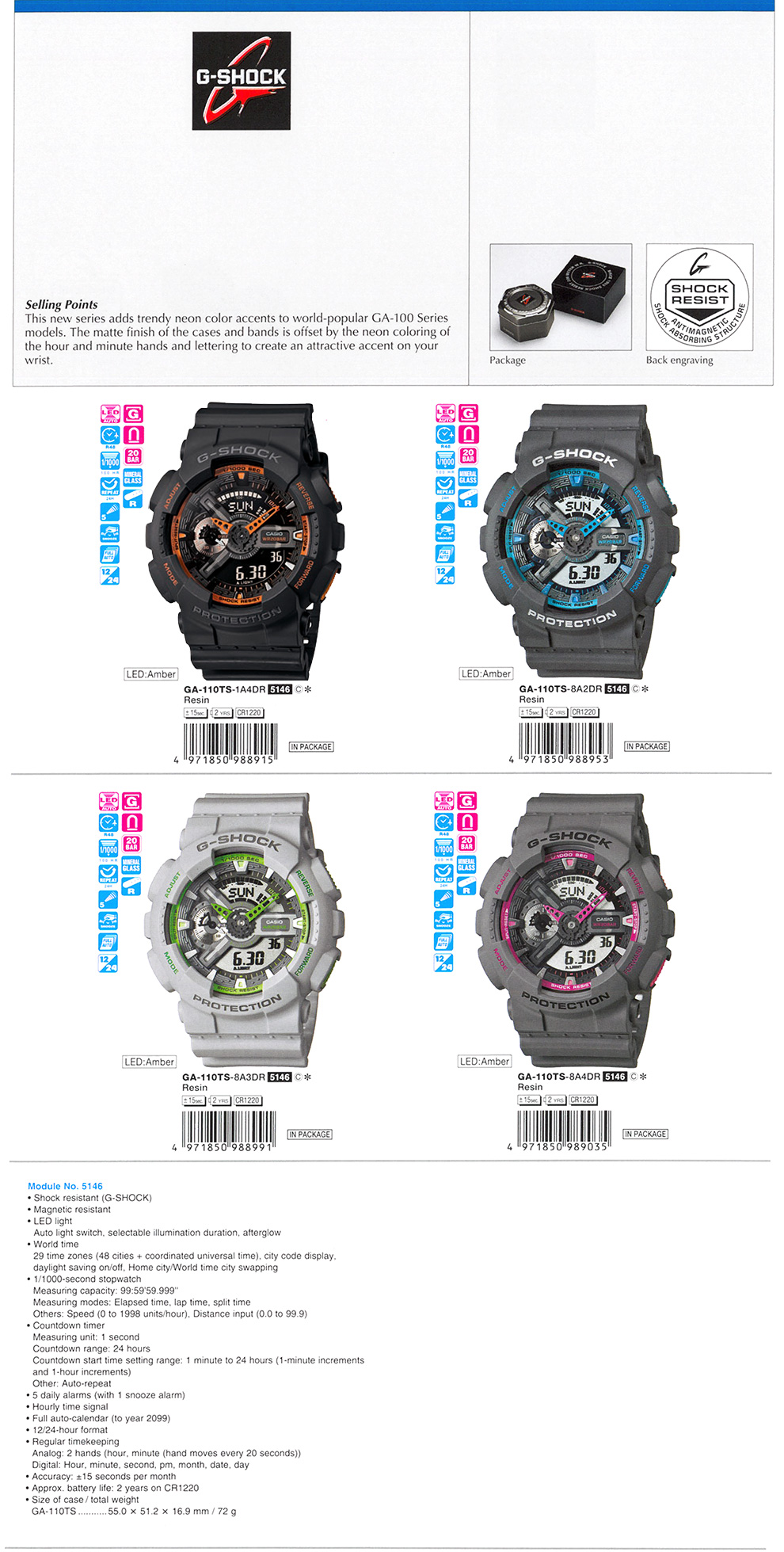 G-Shock, matte finish, neon coloring, GA-110TS-1A4, GA-110TS-8A2, GA-110TS-8A3, GA-110TS-8A4