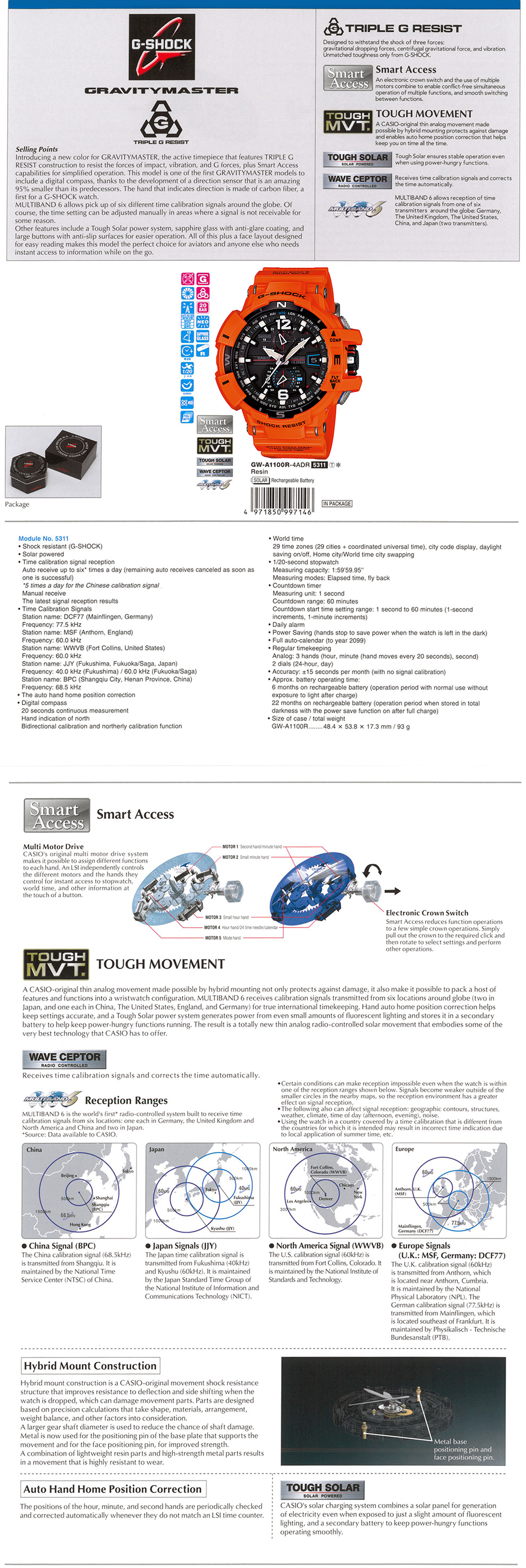 G-SHOCK,GRAVITY MASTER, Triple G Resist, Smart Access, Tough Movement, Wave Ceptor, Multiband6, GW-A1100R-4A